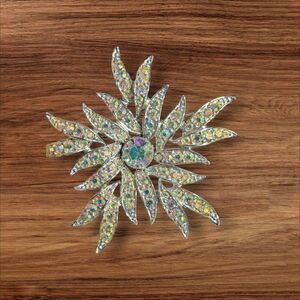 Sarah Coventry Vintage Rhinestone Starburst Pin Brooch  Silver Aurora Borealis S